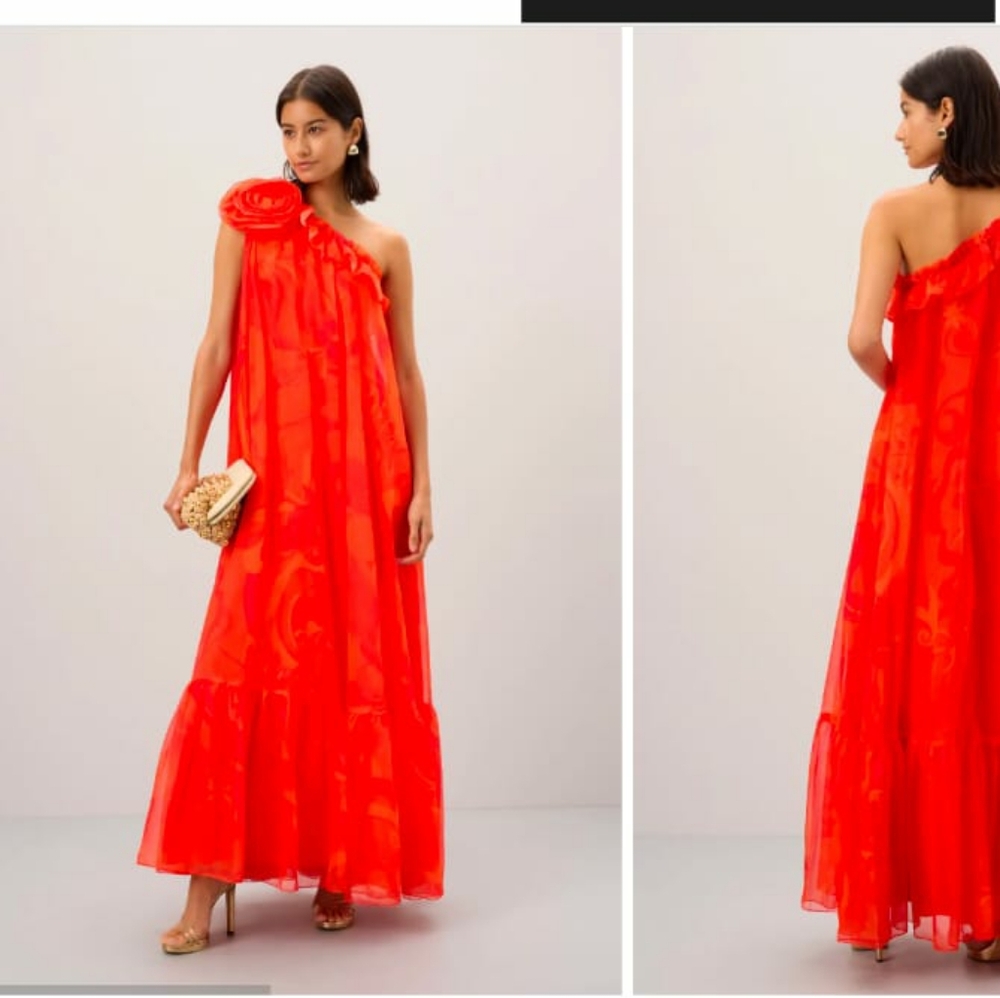 Ieena for Mac Duggal one shoulder rose ruffle Maxi dress size 8
